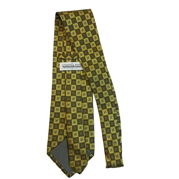 5/$10 Joseph Feiss 100% Silk Tie Brown Gold Geometric 58" - Picture 2 of 6